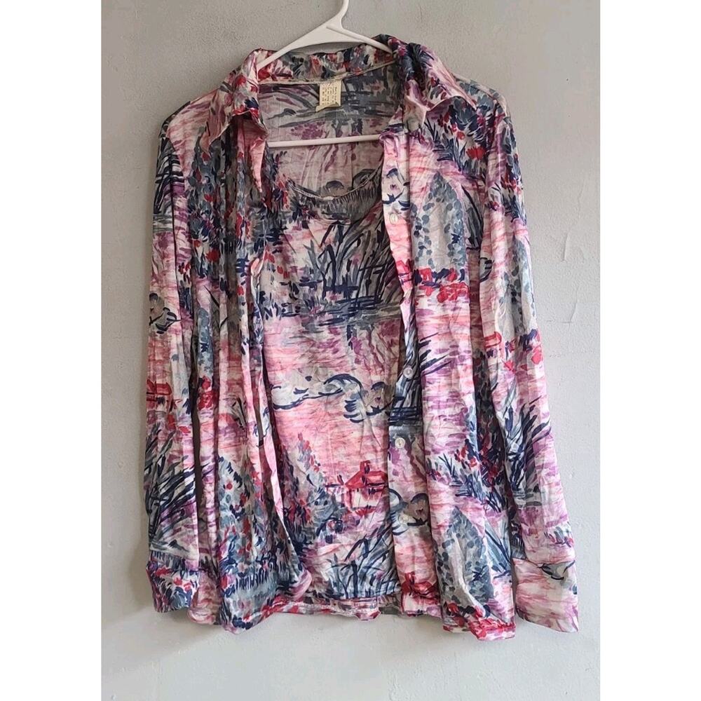 Vintage 1970s women's 16 large pink/blue floral 2pc shirt set tank & button up